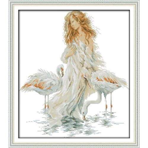 Girl & Crane Home Decor Painting Counted Printed Canvas DMC 11CT 14CT Cartoon Cross Stitch Kits Embroidery Sets Threads Crafts