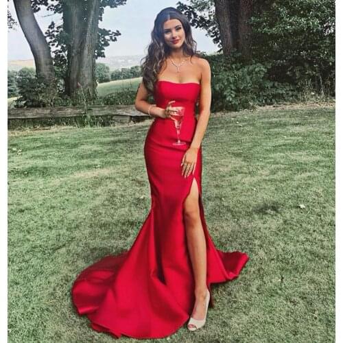Elegant Mermaid Long Red Evening Dresses with Slit Strapless Sweep Train Corset Back Formal Party Dresses for Women