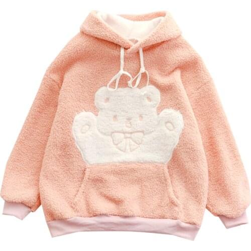 Fleece Cartoon Bear Embroidery Hooded Sweatshirt Casual Cute Hoodies Women 2020 Winter Long Sleeve Drawstring Female Warm Top