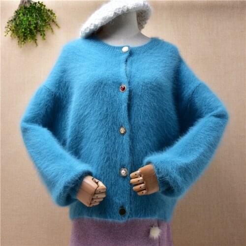Ladies women fashion blue hairy mink cashmere knitted long sleeves loose cardigan angora fur autumn winter jacket coat sweater