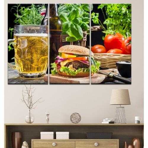 Canvas Painting food Beer and hamburgers 3 Pieces Wall Art Painting Modular Wallpapers Poster Print for living room Home Decor
