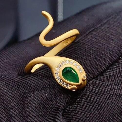 Natural green Emerald gem Opening Ring Natural gemstone ring S925 silver Cute personality snake women girl party fine Jewelry