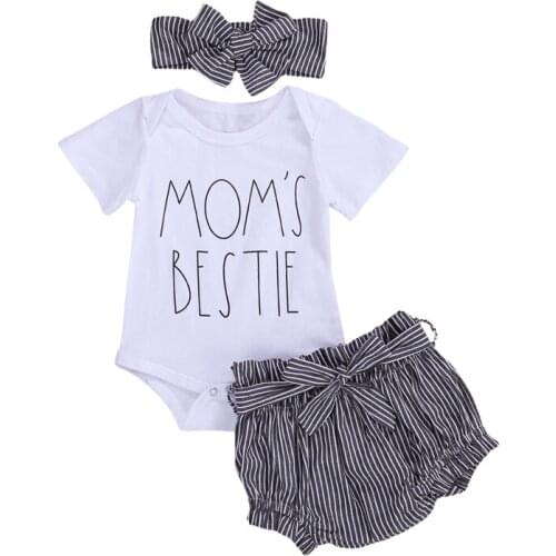 3pcs Newest Summer Toddler Infant Baby Girl Cotton Casual Outfits Set Letter Bodysuit+Stripe Shorts+Headband Cute Baby Clothes