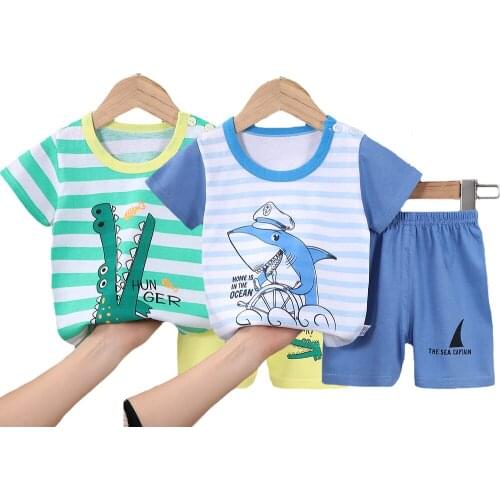 2021 New Summer Boys Clothing Set Pure Cotton Shark Crocodile Handsome Casual Suit For Kids Children Birthday Present Outfits