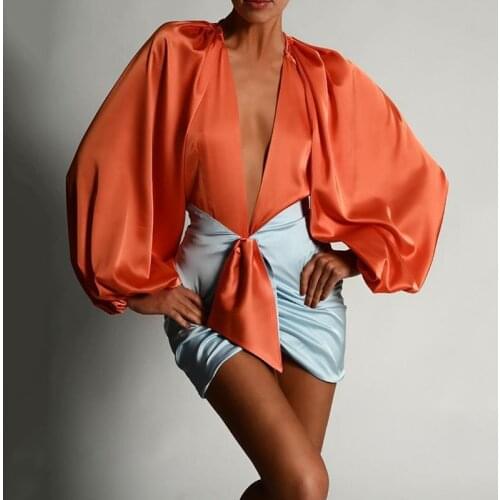 Sexy Deep V-neck Satin Two Piece Set Women Long Sleeve Top Short Skirt Sets Matching Casual Partywear Winter Women Set