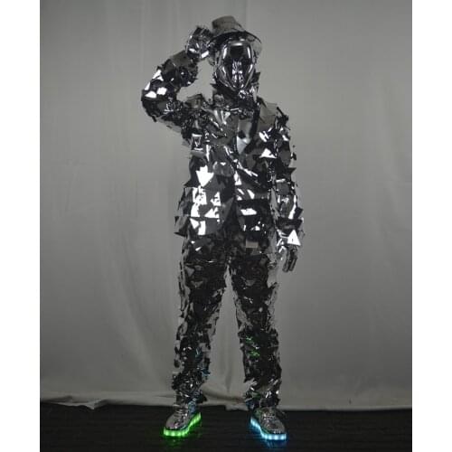 Creative stage performance props mechanical dance clothes Mirror man costume silver mirrors suit