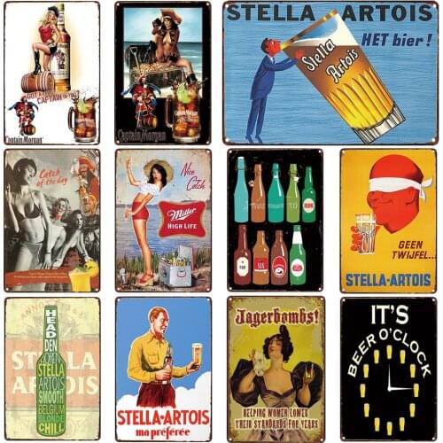 World Beer Signs Vintage Metal Plates Belgium Bier Tin Signs Miller Captain Morgan Poster for Bar Club Pub Mancave Wall Decor