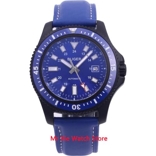 Bliger 44mm Automatic Mechanical Watch Men Luxury Brand Business Luminous Waterproof Clock Leather Strap Calendar Wristwatch Men