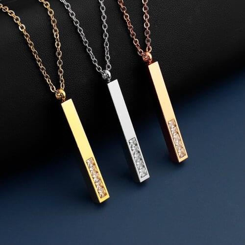 MYLONGINGCHARM Personalized Name Bar Neckalce with White Stones 5x45mm stainless steel 3D bar pendant with your text date name