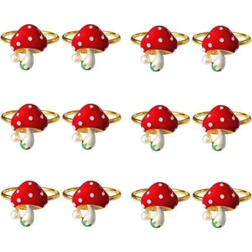 Mushroom Napkin Rings Set of 12, Red Napkin Ring Holders Holiday Table Decor for Wedding,Party, Dining Table Decoration