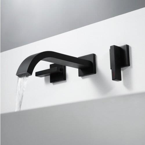 Modern Basin Set 3 hole Matte Black Brass Double Handle Wall Mounted Bathroom Sink Faucet Hot Cold Tap In-Wall