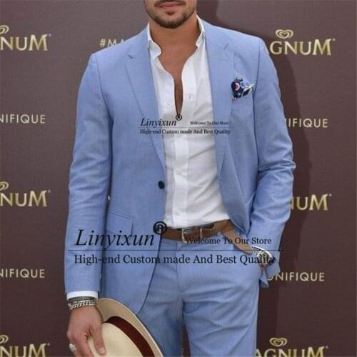 Sky Blue Casual Men Suits Slim Fit for Prom Wedding Tuxedo Groomsmen Fashion Business Blazer Costume Homme 2 Piece(Jacket+Pants)