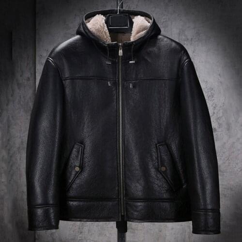New Mens Black Shearling Jacket Short Motorcycle Jacket Thicken Fur Coat Hooded Leather Jacket Sheepskin Coat