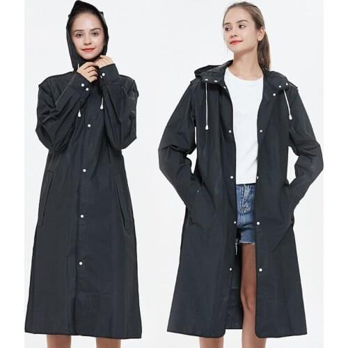 2021 New Black fashion adult waterproof long hooded raincoat outdoor hiking climbing fishing thickening