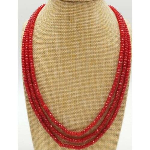 Pretty2x4mm Natural Red Ruby Gemstone Faceted Abacus Beads 3 Row Necklace