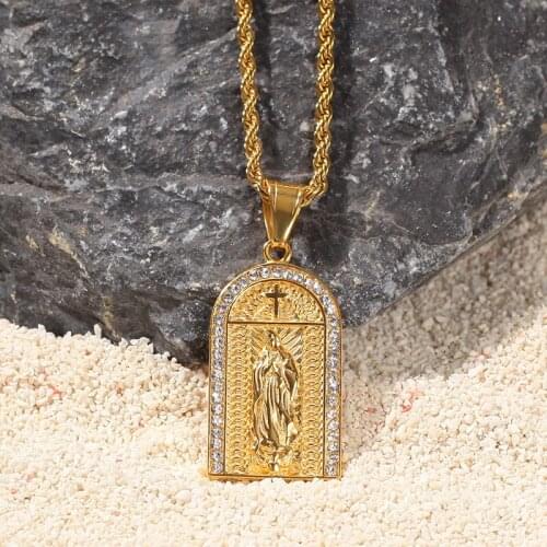 Hip Hop Bling Iced Out Rhinestones Gold Stainless Steel Virgin Mary Pendant Necklace for Men Women Catholic Jewelry