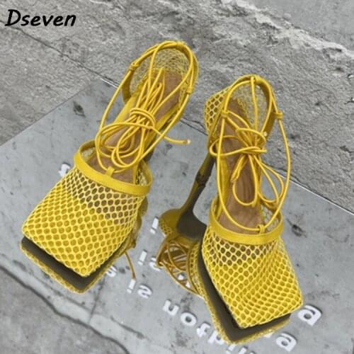 2021 Summer New Women Sandals Fashion Mesh Breathable Square Toe Ladies Sandals High Heels Stiletto Strap Female Sandals Size43