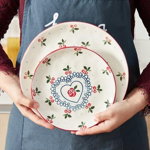 Cherry Steak Western Plate Ceramic tableware cute children creative round plate fruit plate salad Disc Cherry flower dish CL1121
