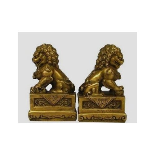 Decoration bronze factory Pure Brass Antique Old A Pair of China Chinese Folk Foo Fu Dog Guardion Door Lion Statue sculpture