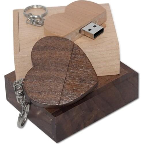 Wooden heart + gift box USB flash drive creative pendrive 8GB 16GB 32GB 64GB 128GB memory stick key chain custom logo