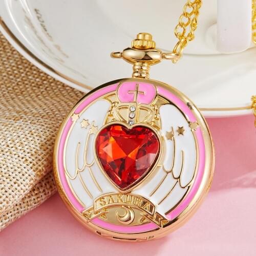 Vintage Japan Anime Cardcaptor Sakura Pocket Watch Necklace Women Quartz Fob Clock Chain Pendant Children Cute Gift Girl Kid
