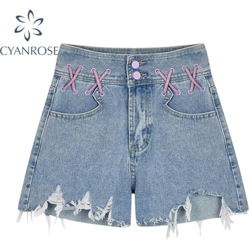 Ripped Jean Or Denim Pants Women 2021 Cross Spliced Design Zipper High Waist Retro Sweet E-Girl Rok Streetwear Shorts Pants Lady