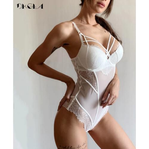 2020 Fashion Women Jumpsuit Embroidery Bodysuit Black Sexy Deep V Straps Bodysuits Lace Transparent Floral Mesh Hollow Out White