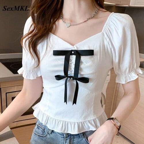 Sexy Off Shoulder Ladies Tops 2021 Fashion Summer Corset Top Blouse Women Korean Clothes Slim Bow White Puff Sleeve Blouses XXL