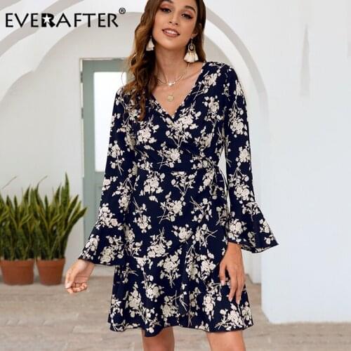 EVERAFTER Sexy v-neck women floral print dress boho ruffled vintage long sleeve autumn winter dress slim chic ladies mini dress