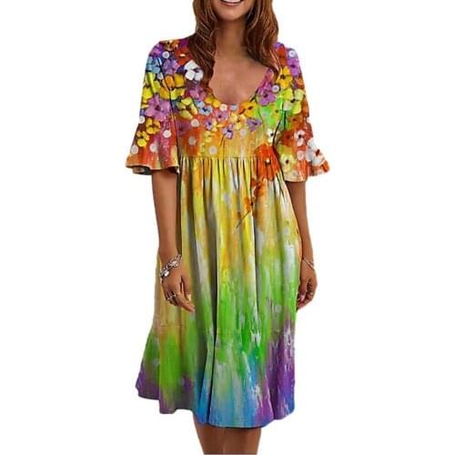 Summer femme Dress Half Sleeve Loose Female Women Ruffle Cuff Short Sleeve Low Round Neck Knee-Length Dress vetement femme 2021