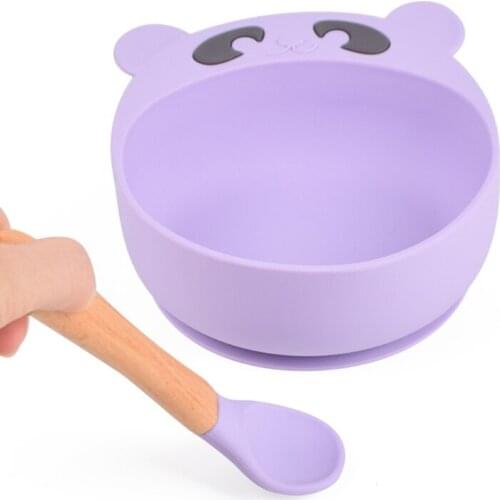 3 Pcs Baby Feeding Food Bowl Wooden Handle Spoon Fork Set Silicone Suction Dish