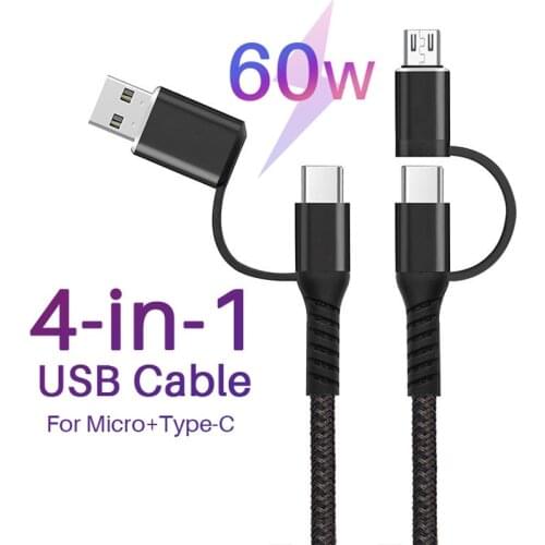 4 in 1 USB Cable for Mobile Phone Xiaomi Redmi Note 10 Samsung S21 Huawei OPPO Quick Charger Micro USB Cable Type C Data Charger