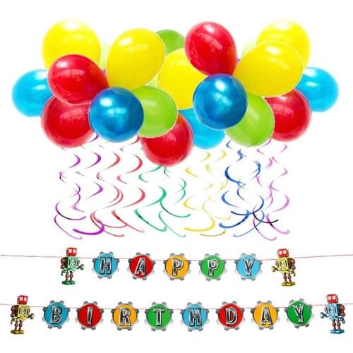 7pcs Retro Robot Theme Birthday Party Decoration Set Transformer Gears Happy Birthday Banner Hanging Swirls Rainbow Balloons Boy