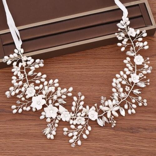 Bride Hair Accessories Handmade White Color Flower Pearl Hair Jewelry Wedding Headband Tiara For Women Bridal Headpiece