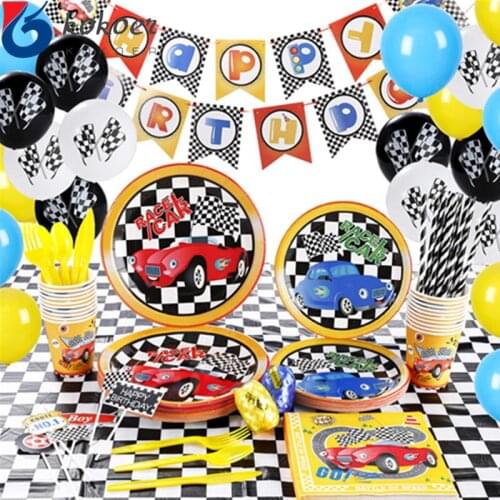 Baby Shower Birthday Party Racing Car Party Cup Plates Napkin Disposable Tableware Set Cars Black White Theme Party Supplies Dec