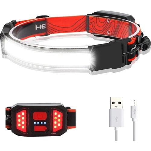 COB LED Headlamp Riding Headlamp Head Torch Light 1200mAh USB Rechargeable Work Light 3 Modes Red Warning Strobe Camping Light