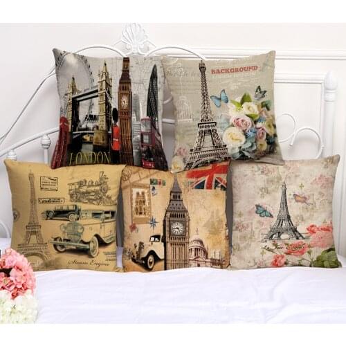 Decorative Pillow Cushion Case Vintage Paris Eiffel Tower Pillowcase 17.5 Inch Cotton Linen Chair Seat Throw Pillow Cover L1007