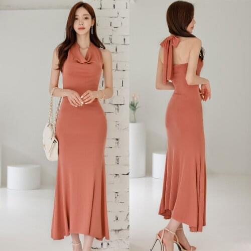 Elegant Womens Halter Long Dress Summer Backless Korean Slim Lace-Up Sexy Package Hip Fishtail Dress 2021 Vestidos