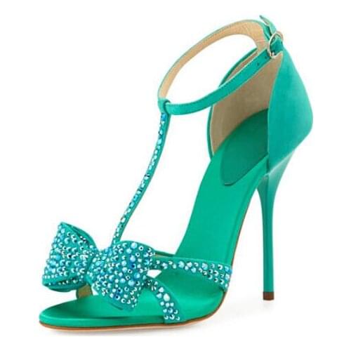 Elegant Ligh Green Suede Leather Crystal Bowtie Sandals T-bar Wrapped Heel Sandals Turquoise Party Wedding Dress shoes woman