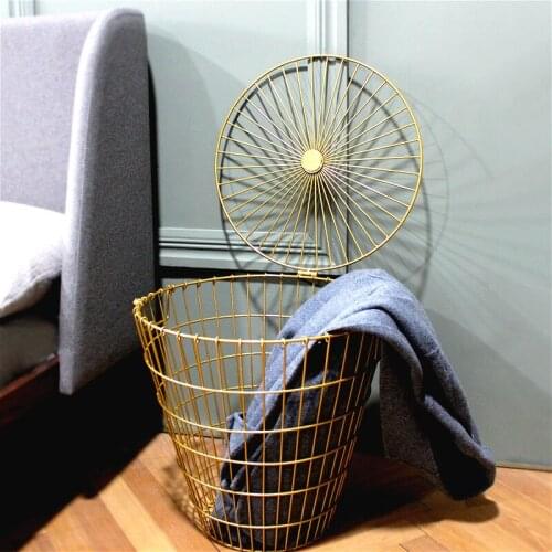 Quality Golden Laundry Basket Modern Metal Dirty Clothes Storage Basket Home Organizer Basket Creative Storage Wicker Basket