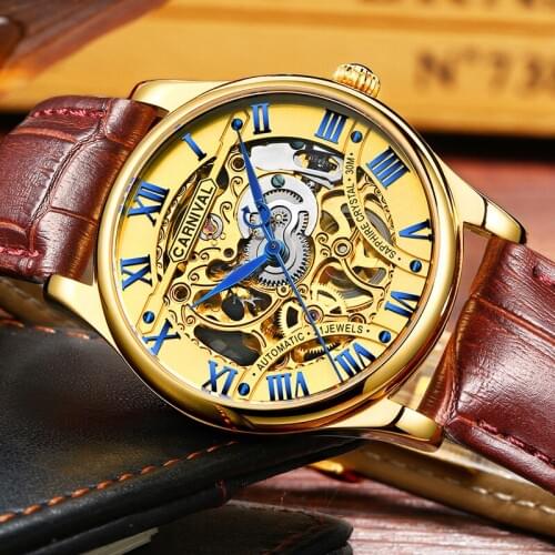 Carnival Men Mechanical Watches Automatic Self-Wind Golden Transparent Fashion Leather Wristwatch For Man Male Hot Hour 2019