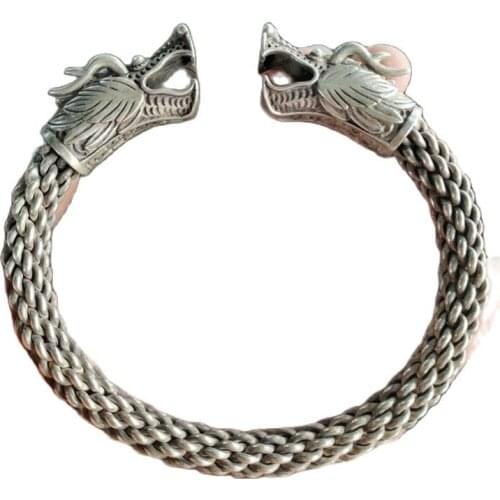 Collection China Tibetan Silver Carved Double Headed Dragon Silver Bracelet