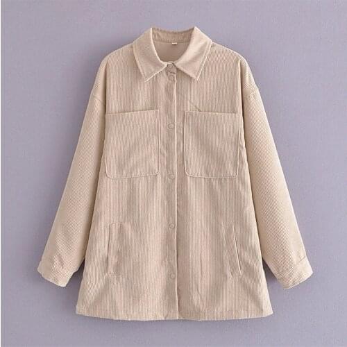 MESTTRAF Women 2021 Fashion With Double Pockets Loose Corduroy Jacket Coat Vintage Long Sleeve Shirt Outerwear Streetwear