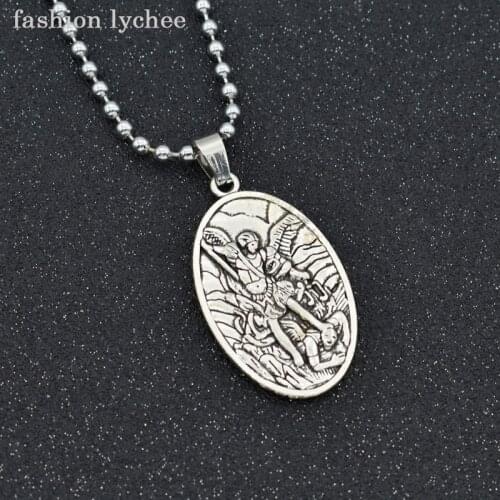 Fashion lychee Vintage St Michael Archangel Silver Color Oval Shape Geometric Pendant Necklace Women Men Jewelry Gift