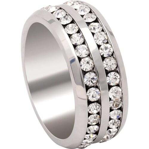 2 Row Lines Clear Crystal Jewelry Fashion Stainless Steel Engagement Rings For women&men jewelry Distribution