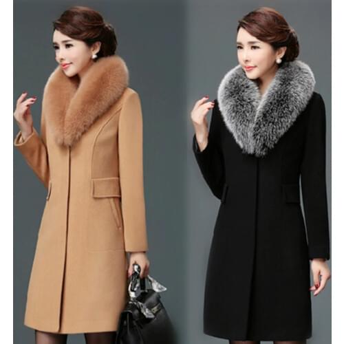 Women Wool Blends Coat Winter Autumn 2020 FashionSlim Mother Fur Collar Woolen Jacket Long Outerwear Tops Female Size M-3XL