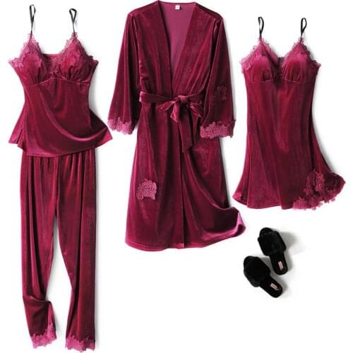 Pajama lady spring and autumn style four-piece red wedding fashion casual warm Sleepwear with dressing gown feminine winter suit