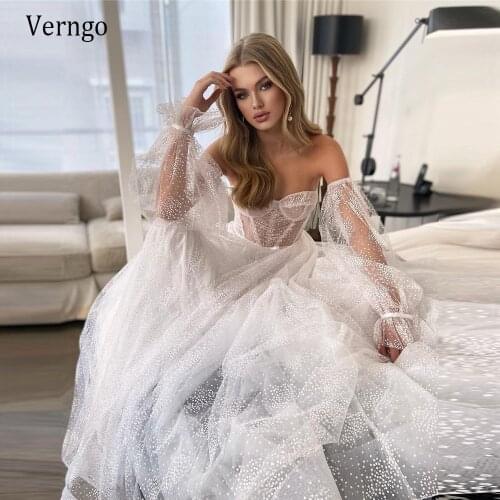 Verngo 2021 New Glitter Tulle Sweetheart A Line Wedding Dress With Detachable Puff Long Sleeves Boning Top Sparkly Bridal Gowns