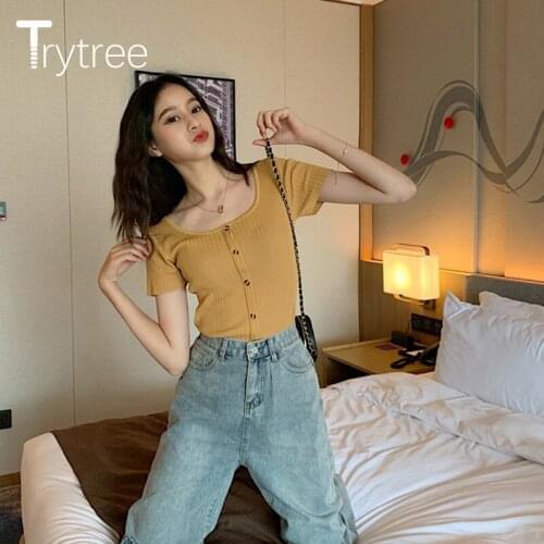 Trytree 2020 Spring Summer Women T-shirt Casual Square Collar Slim fit Thin section Knitting Solid 5 Color Fashion T-shirt Top