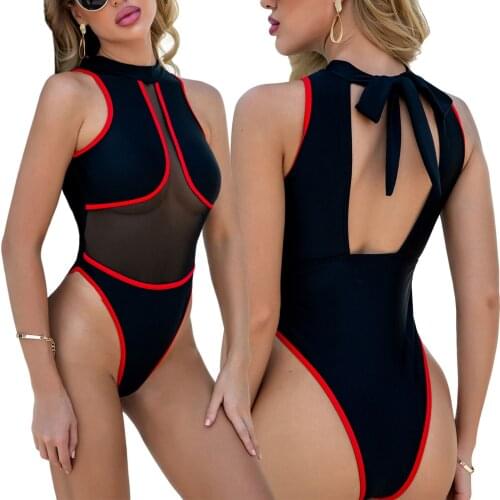 See Through Mesh One Piece Swimsuit Women Hollow Out Swimwear Bikini Romper Backless Off-Shoulder Lace Up Neck Hanging Beachwear